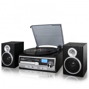 TREXONIC 3-SPEED VINYL TURNTABLE HOME STEREO SYSTEM WITH CD PLAYER, FM RADIO, BLUETOOTH, USB/SD RECORDING AND WIRED SHELF SPEAKERS