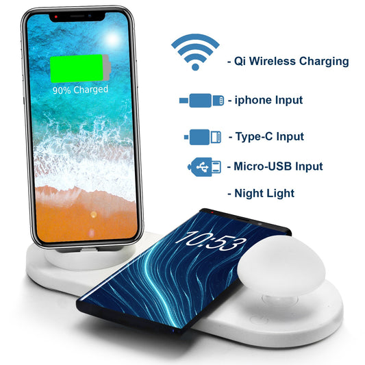 TREXONIC WIRELESS CHARGER 3 IN 1 CHARGER DOCK WITH WIRELESS CHARGING STATION AND SOFT LIGHT TOADSTOOL LAMP