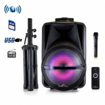 BEFREE SOUND 12 INCH BLUETOOTH RECHARGEABLE PORTABLE PA PARTY SPEAKER WITH REACTIVE LED LIGHTS AND STAND