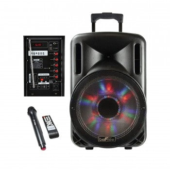 BEFREE SOUND 12 INCH 2500 WATT BLUETOOTH PORTABLE PARTY PA SPEAKER WITH ILLUMINATING LIGHTS AND USB/MICROSD/AUX-IN/FM RADIO/DV12V INPUTS