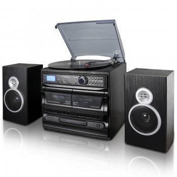 TREXONIC 3-SPEED VINYL TURNTABLE HOME STEREO SYSTEM WITH CD PLAYER, DUAL CASSETTE PLAYER, BLUETOOTH, FM RADIO & USB/SD RECORDING AND WIRED SHELF SPEAKERS