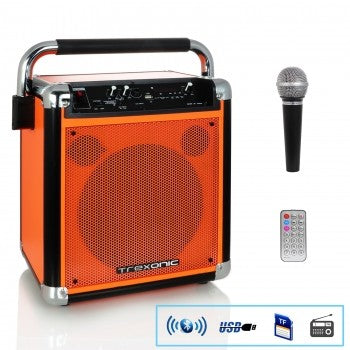 TREXONIC WIRELESS PORTABLE PARTY SPEAKER WITH USB RECORDING, FM RADIO & MICROPHONE, ORANGE