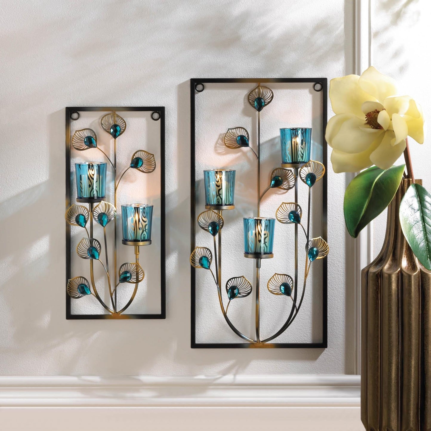 PEACOCK THREE CANDLE WALL SCONCE