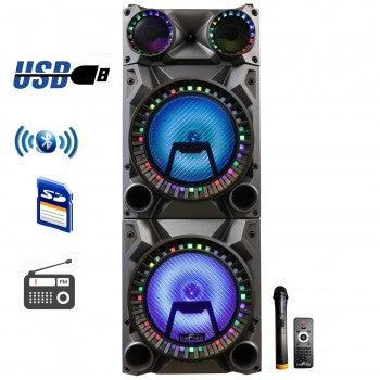 BEFREE SOUND RECHARGEABLE BLUETOOTH 12INCH DOUBLE SUBWOOFER PORTABLE PARTY SPEAKER WITH DUAL LAYER REACTIVE PARTY LIGHTS, USB, SD AND AUX INPUTS WITH FM RADIO